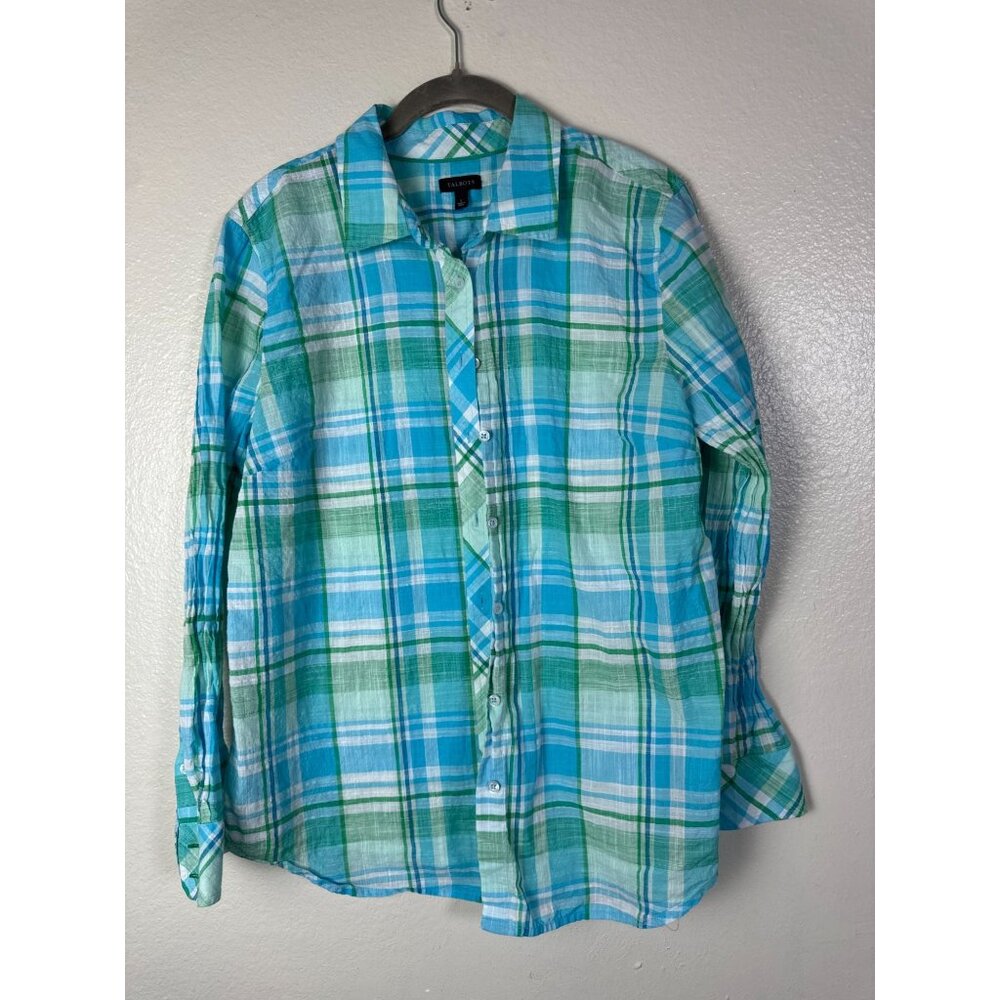 Talbots Womens Long Sleeve Green Blue Plaid Button Up Shirt Size Large‎ Vacation